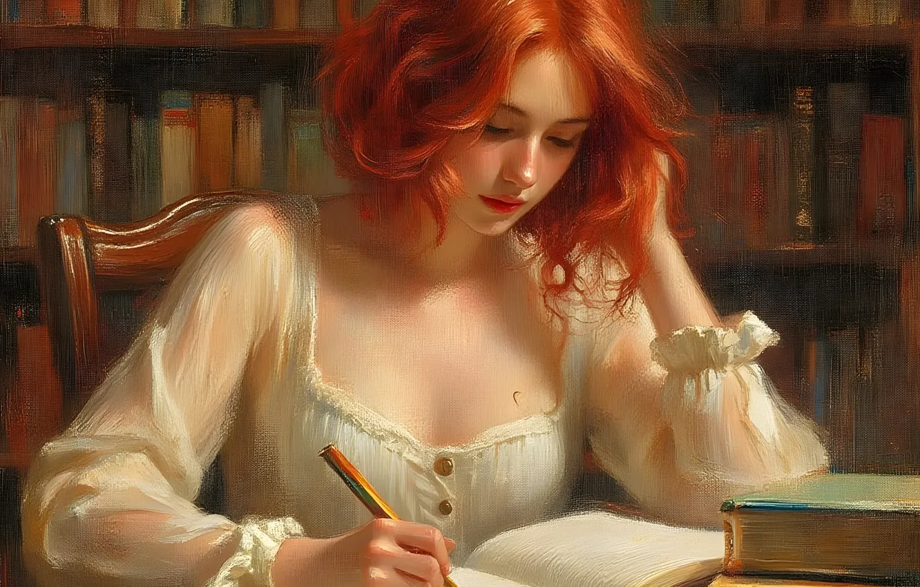Фото обои грудь, девушка, свет, поза, ретро, учеба, книги, портрет