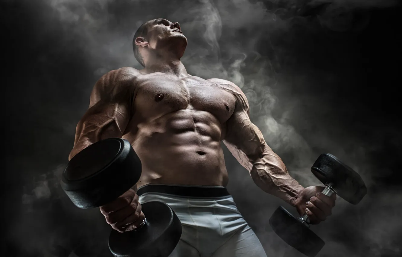 Фото обои поза, фигура, muscle, мышцы, пресс, pose, гантели, бодибилдер
