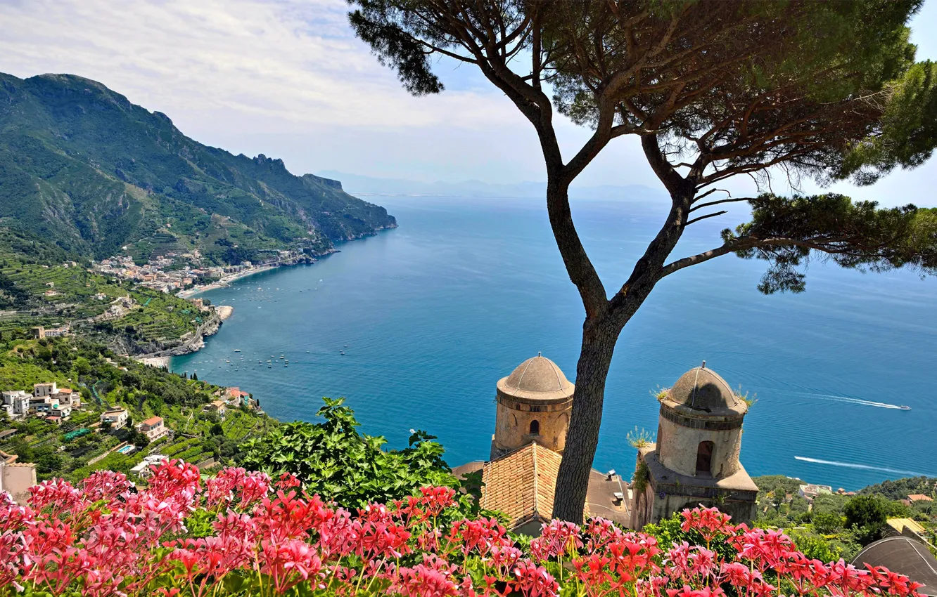 Фото обои море, небо, деревья, цветы, горы, Италия, Салерно, Равелло