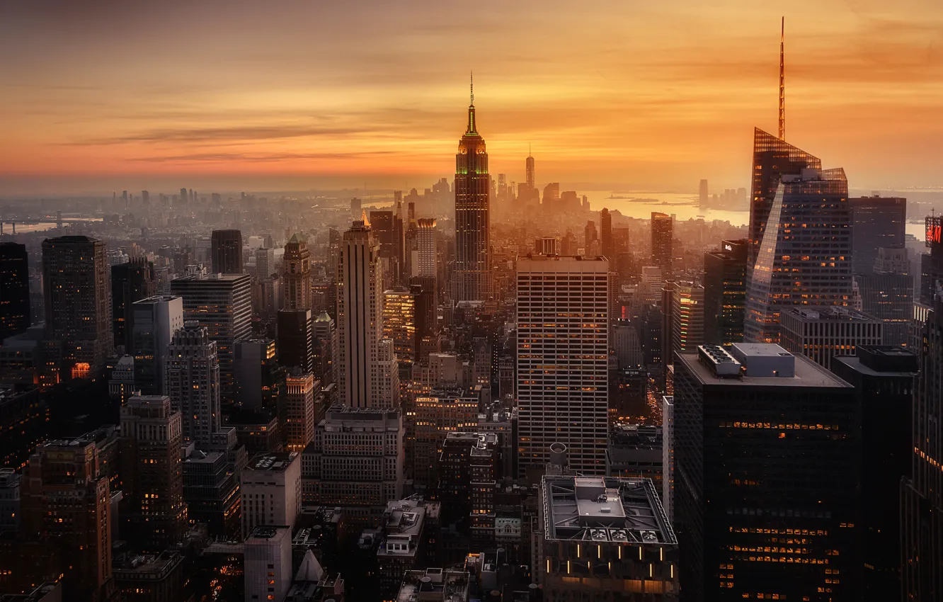 Фото обои закат, город, вечер, дымка, США, Нью - Йорк