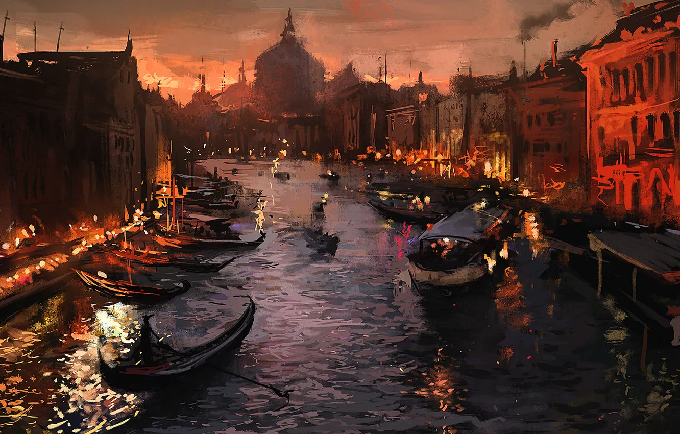 Фото обои город, огни, река, лодка, вечер, венеция, art, Venice