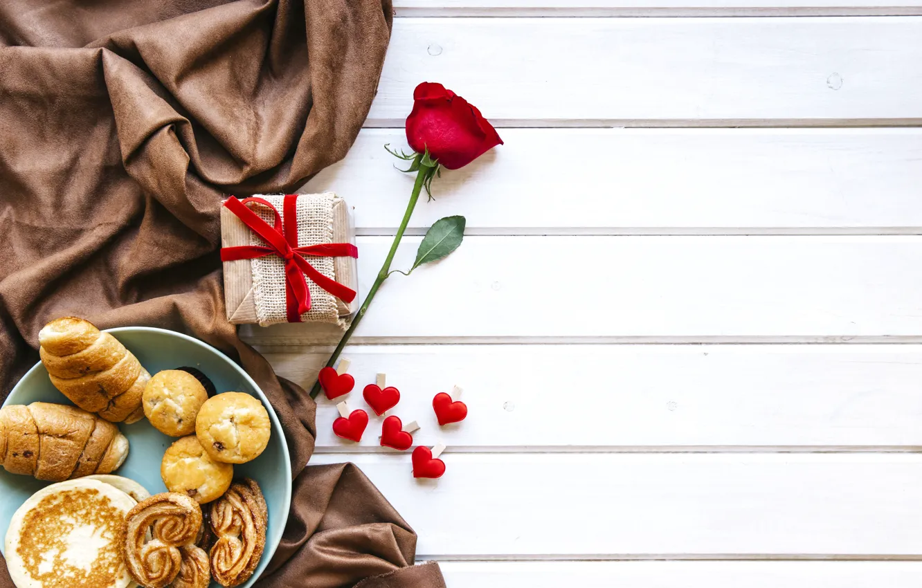 Фото обои подарок, Love, завтрак, сердечки, red, rose, выпечка, День Святого Валентина
