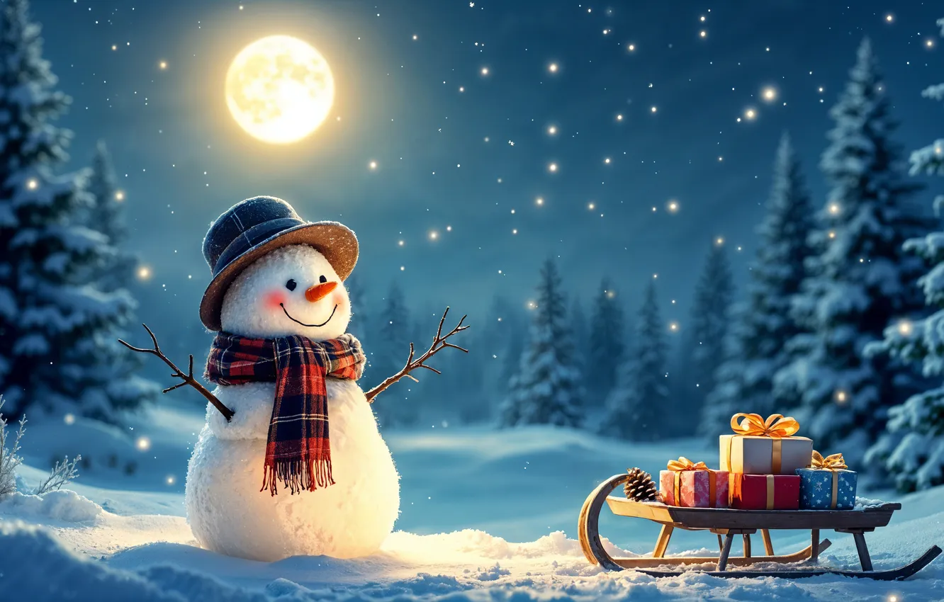 Фото обои зима, снег, украшения, Рождество, Новый год, снеговик, happy, Christmas