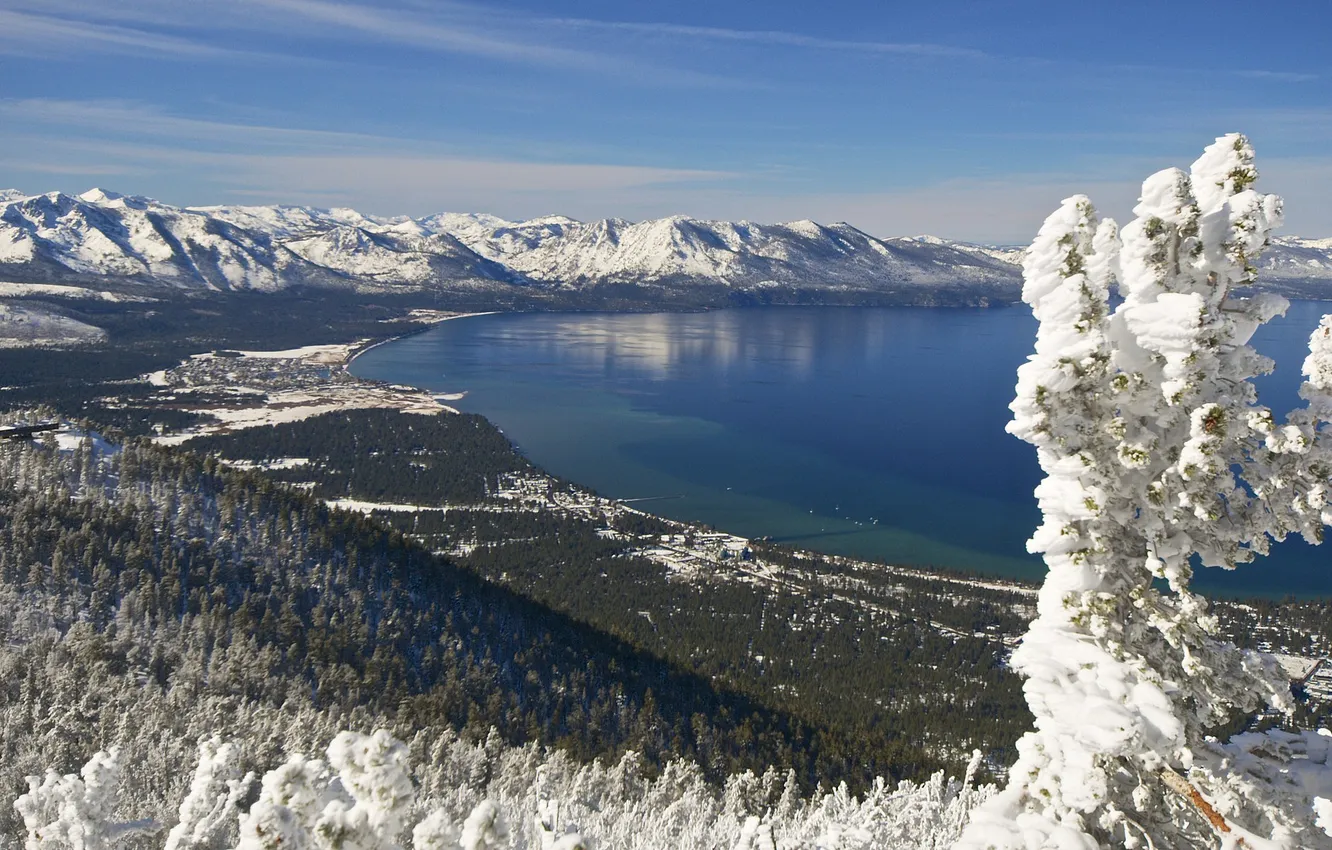 Фото обои зима, небо, снег, горы, озеро, дерево