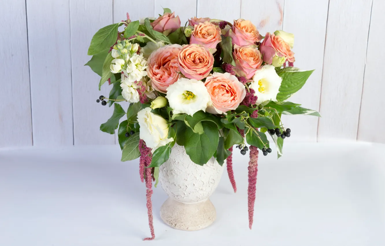 Фото обои розы, букет, эустома, левкой, амарант