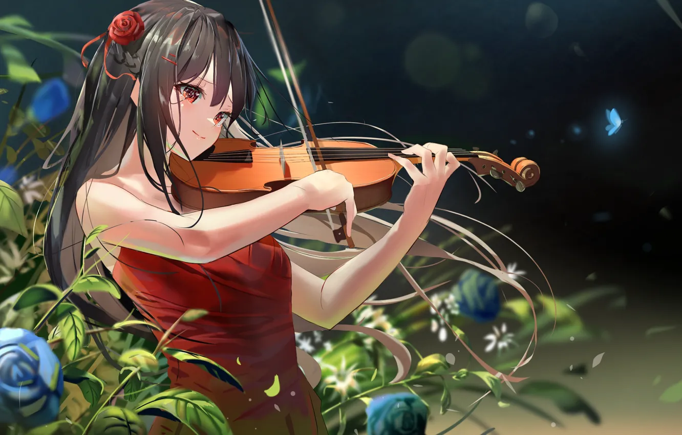 Фото обои девушка, скрипка, розы