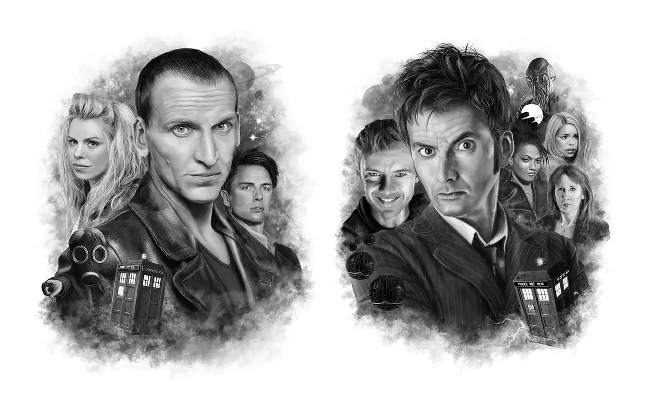 Фото обои арт, черно-белое, Doctor Who, Доктор Кто, David Tennant, Дэвид Теннант, Десятый Доктор, Tenth Doctor