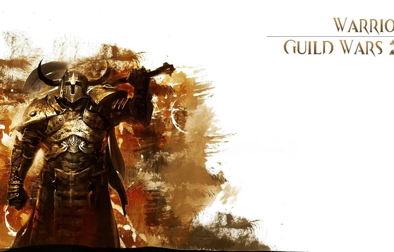 Фото обои меч, доспехи, воин, белый фон, рога, шлем, Warrior, Guild wars 2
