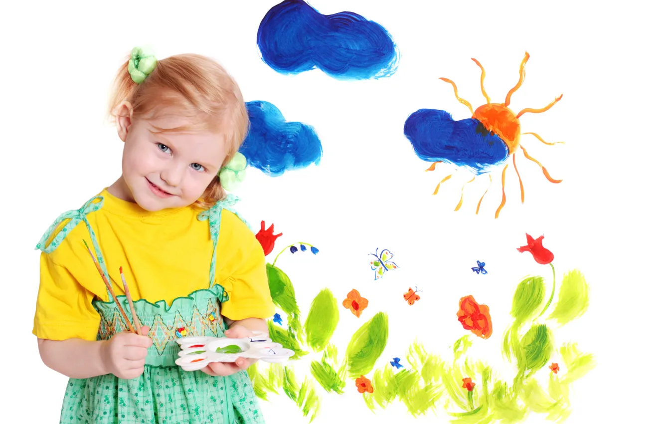 Фото обои цвета, облака, цветы, дети, детство, рисунок, ребенок, Солнце