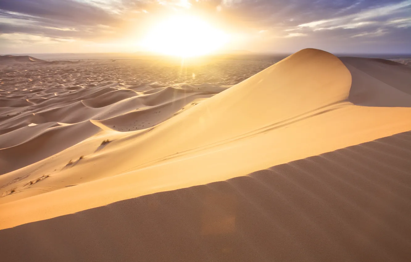 Фото обои солнце, тучи, пустыня, дюны, пески, Morocco, Er Rachidia, Merzouga