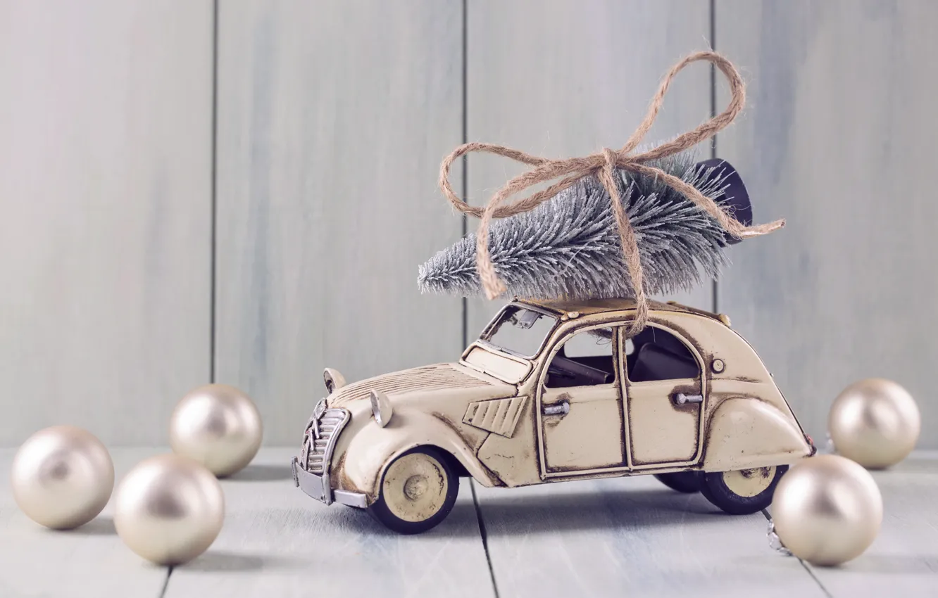 Фото обои украшения, шары, игрушки, елка, Новый Год, Рождество, машинка, happy
