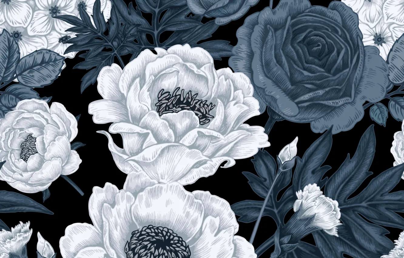 Фото обои белый, цветы, серый, фон, узор, розы, текстура, pattern