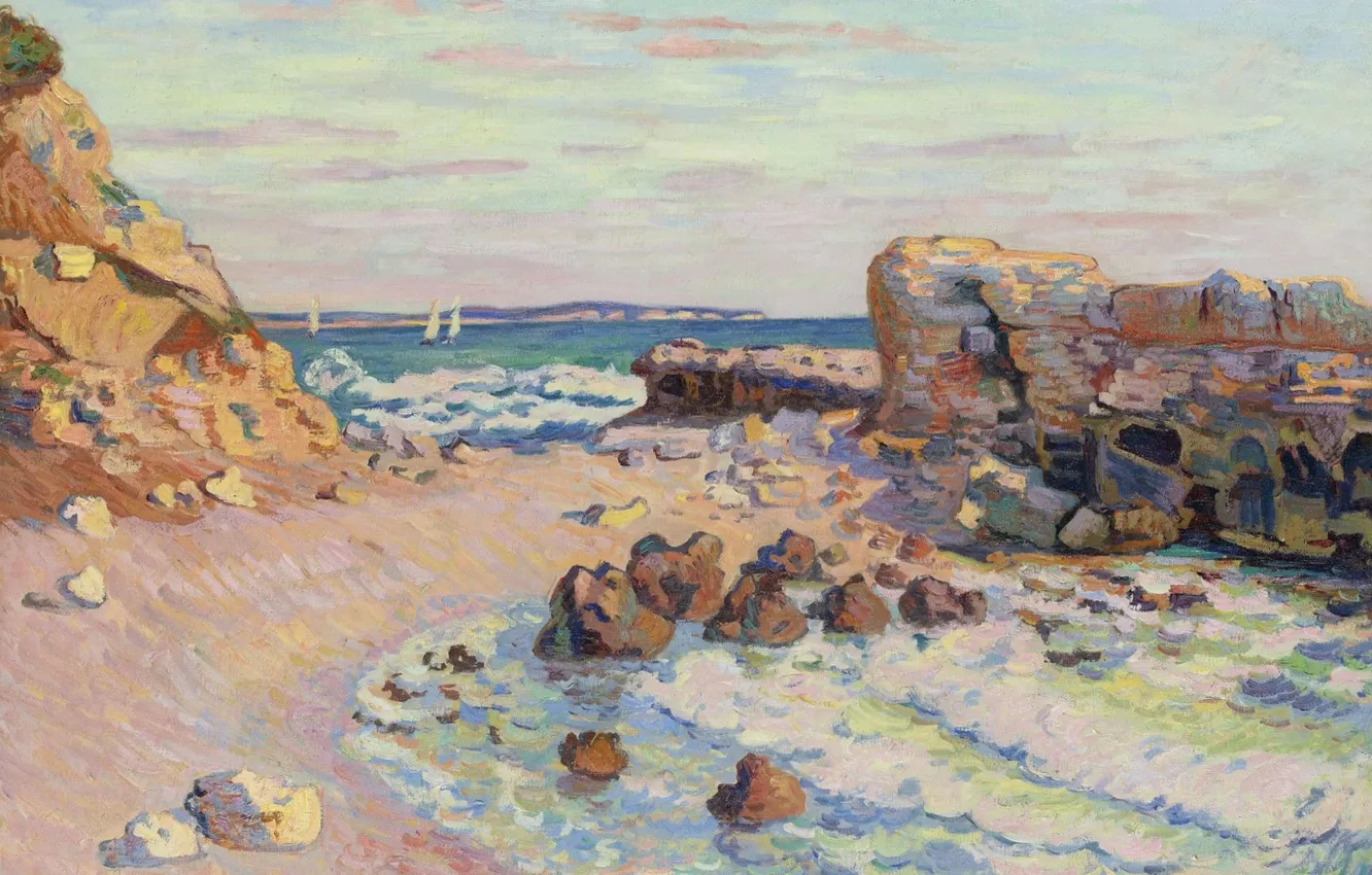 Фото обои море, пейзаж, камни, лодка, картина, парус, Арман Гийомен, Armand Guillaumin