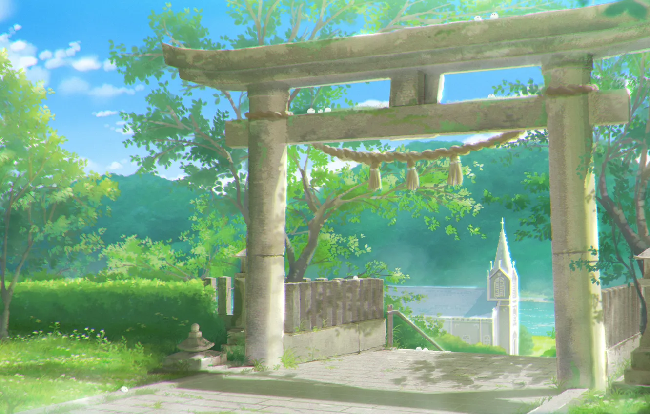 Фото обои веревка, Япония, солнечный день, голубое небо, зелень листьев, ворота тории, by Sachiko15