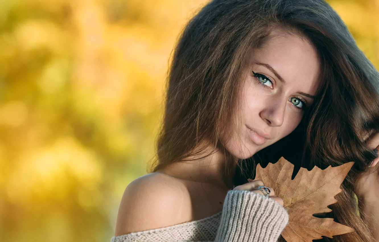 Фото обои осень, взгляд, листья, девушка, портрет, желтый фон, боке