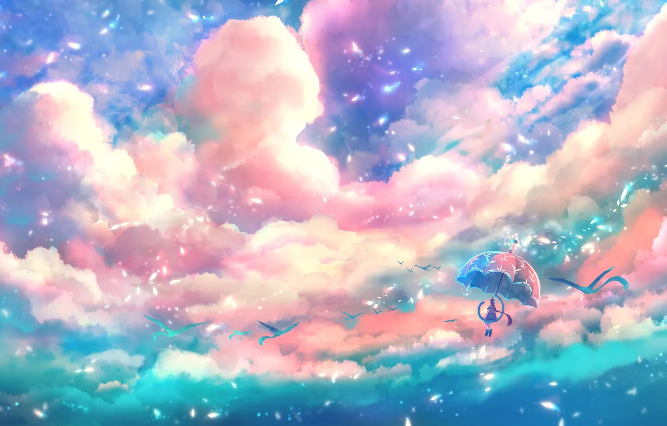 Фото обои небо, девушка, птицы, зонтик, фэнтези