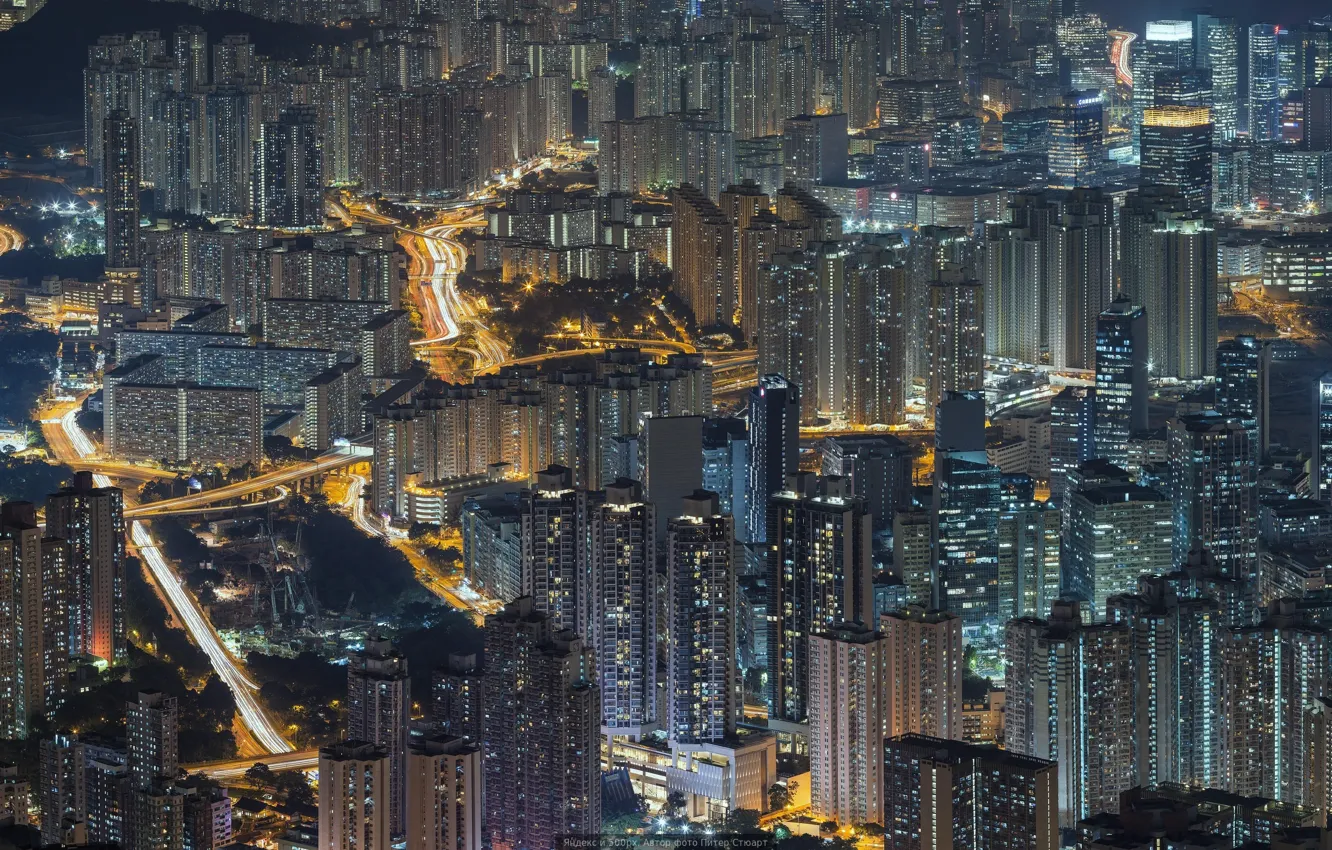 Фото обои город, движение, вид, Гонконг, фонари, ночной, Peter Stewart
