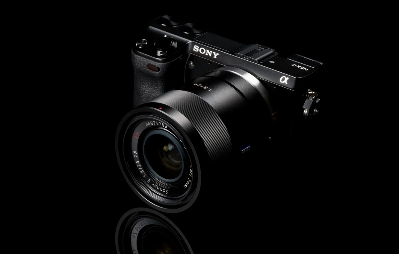 Фото обои Фотоаппарат, черный фон, SONY, Объектив NEX-7