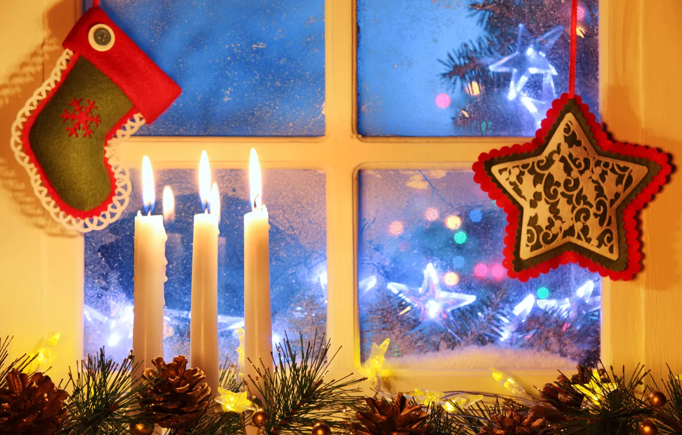 Фото обои зима, снег, Новый Год, Рождество, light, Christmas, night, window