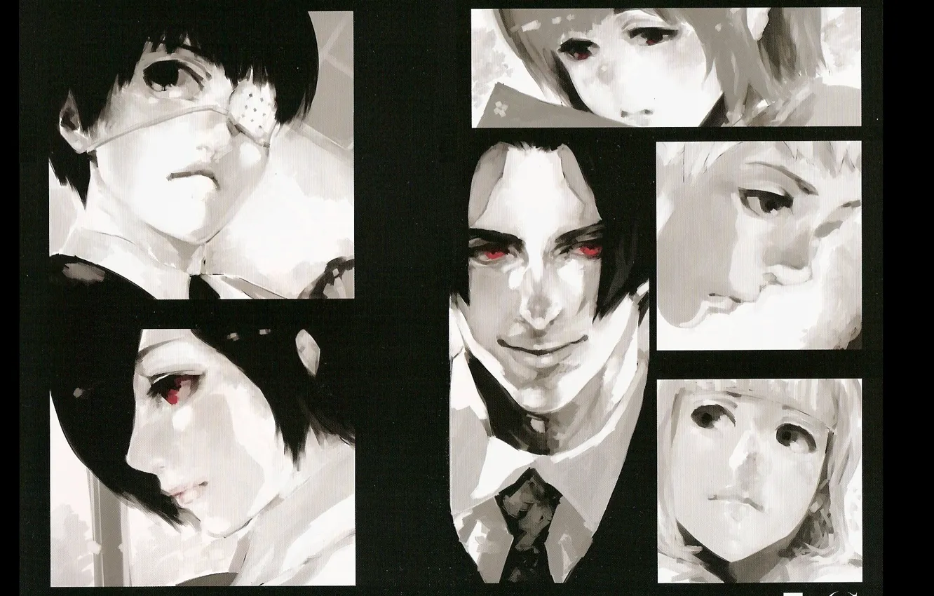 Фото обои лицо, монстры, красные глаза, повязка на глаз, Tokyo Ghoul, Ken Kaneki, Touka Kirishima, Juuzou Suzuya
