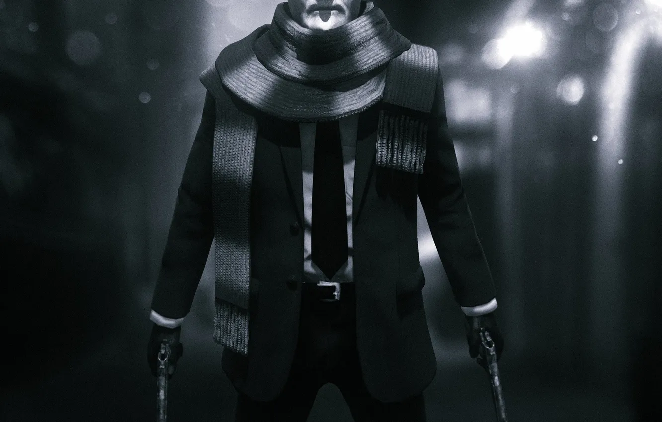 Фото обои пистолеты, темно, человек, шарф, костюм, галстук