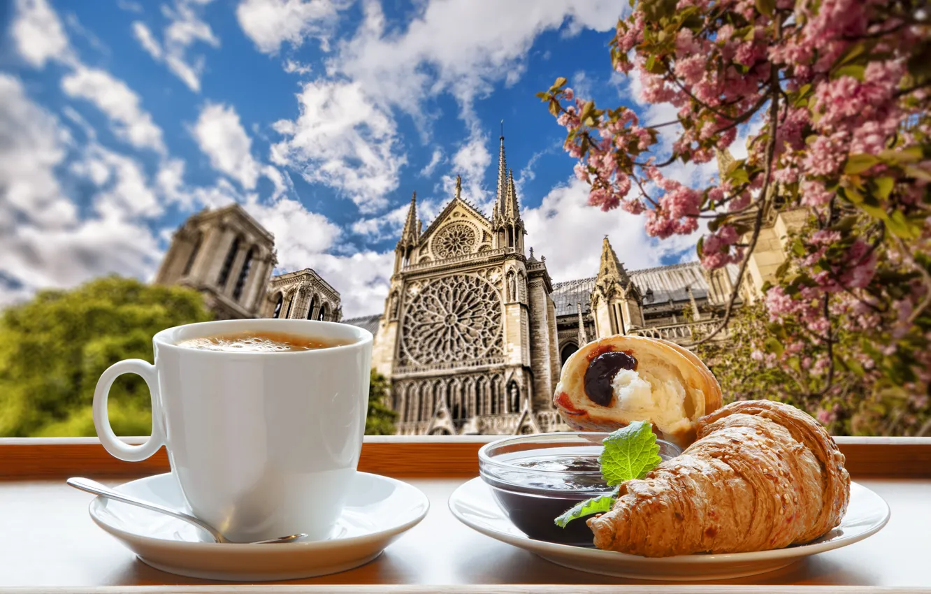 Фото обои Париж, кофе, завтрак, Paris, cathedral, France, Notre Dame, cup