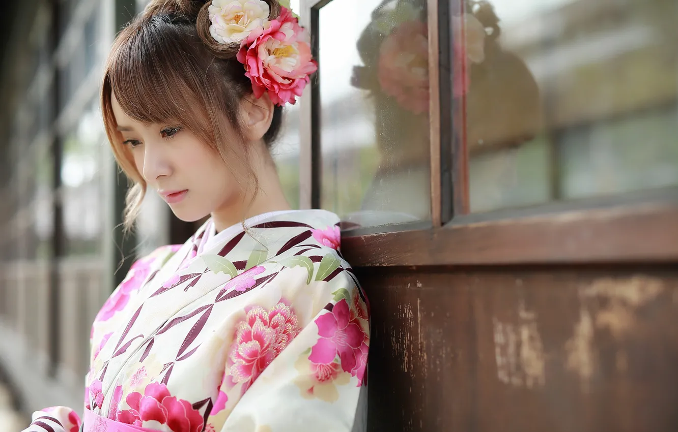 Фото обои цветы, профиль, кимоно, восточная, Brode十三