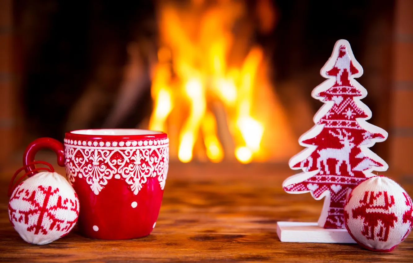 Фото обои украшения, Новый Год, Рождество, fire, камин, Christmas, cup, Xmas