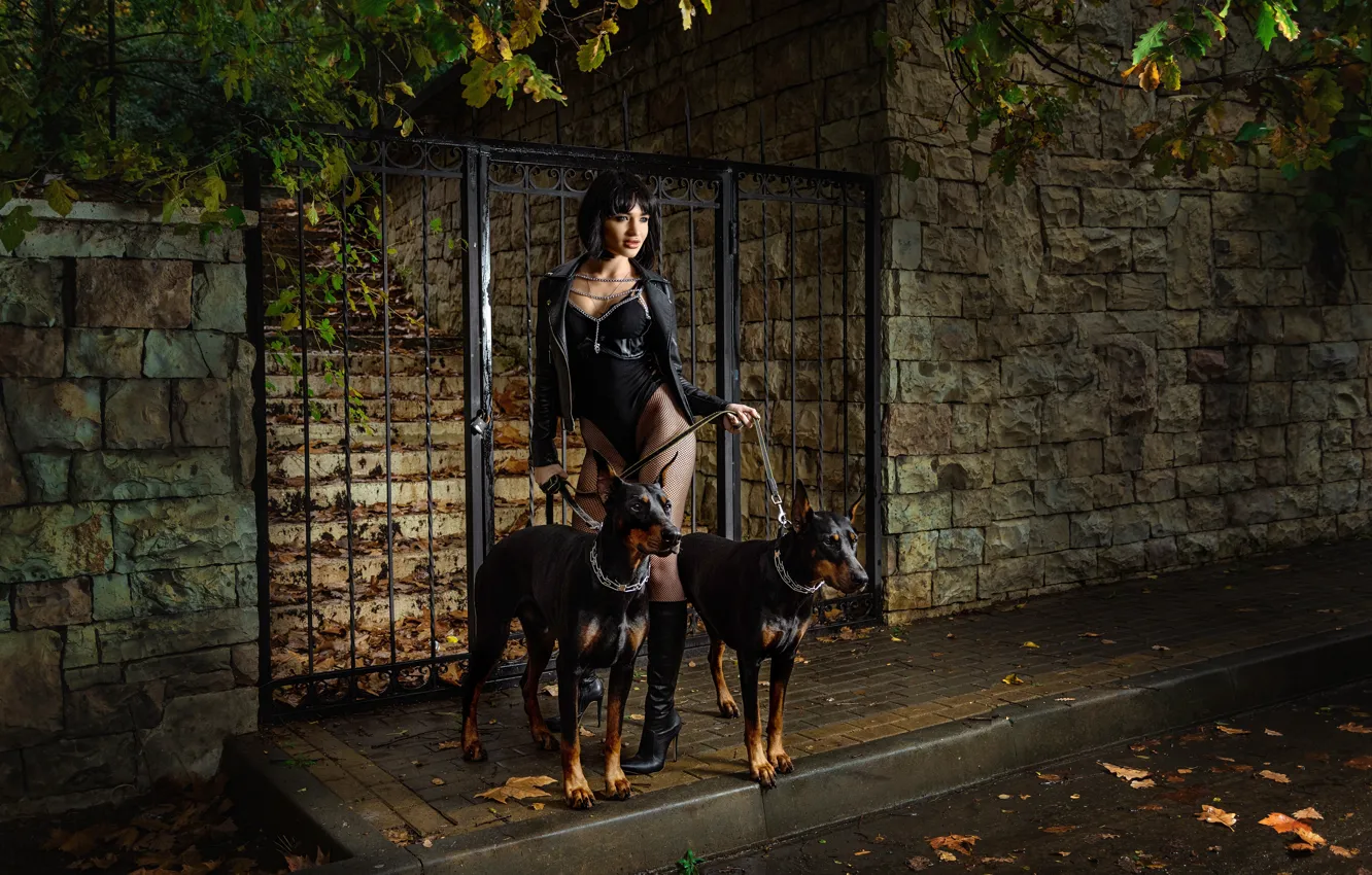 Фото обои girl, model, dogs, brunette, cute, boots, doberman