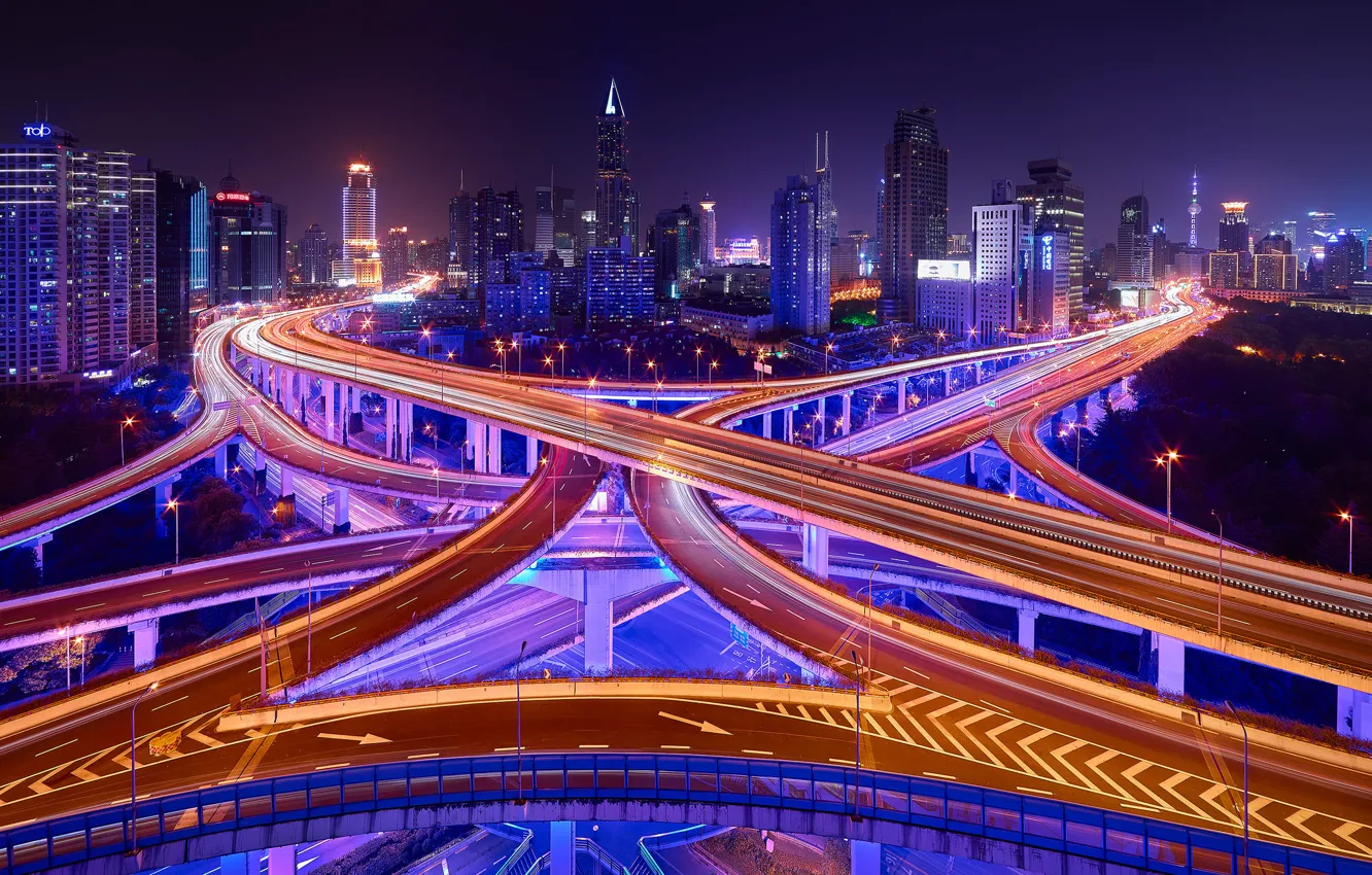 Фото обои дорога, свет, ночь, город, огни, выдержка, Китай, Шанхай