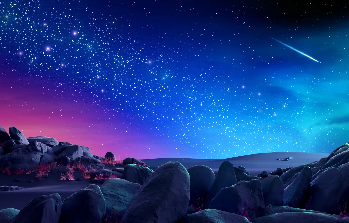 Фото обои sky, desert, landscape, nature, night, rocks, stars, shooting stars