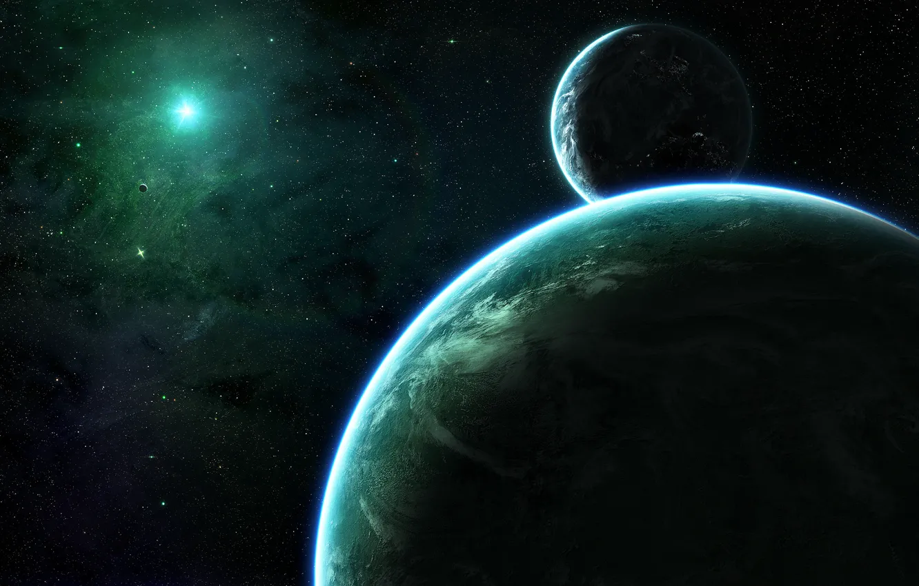 Фото обои green, light, stars, planets, planet, shadows, darkness, Sci Fi