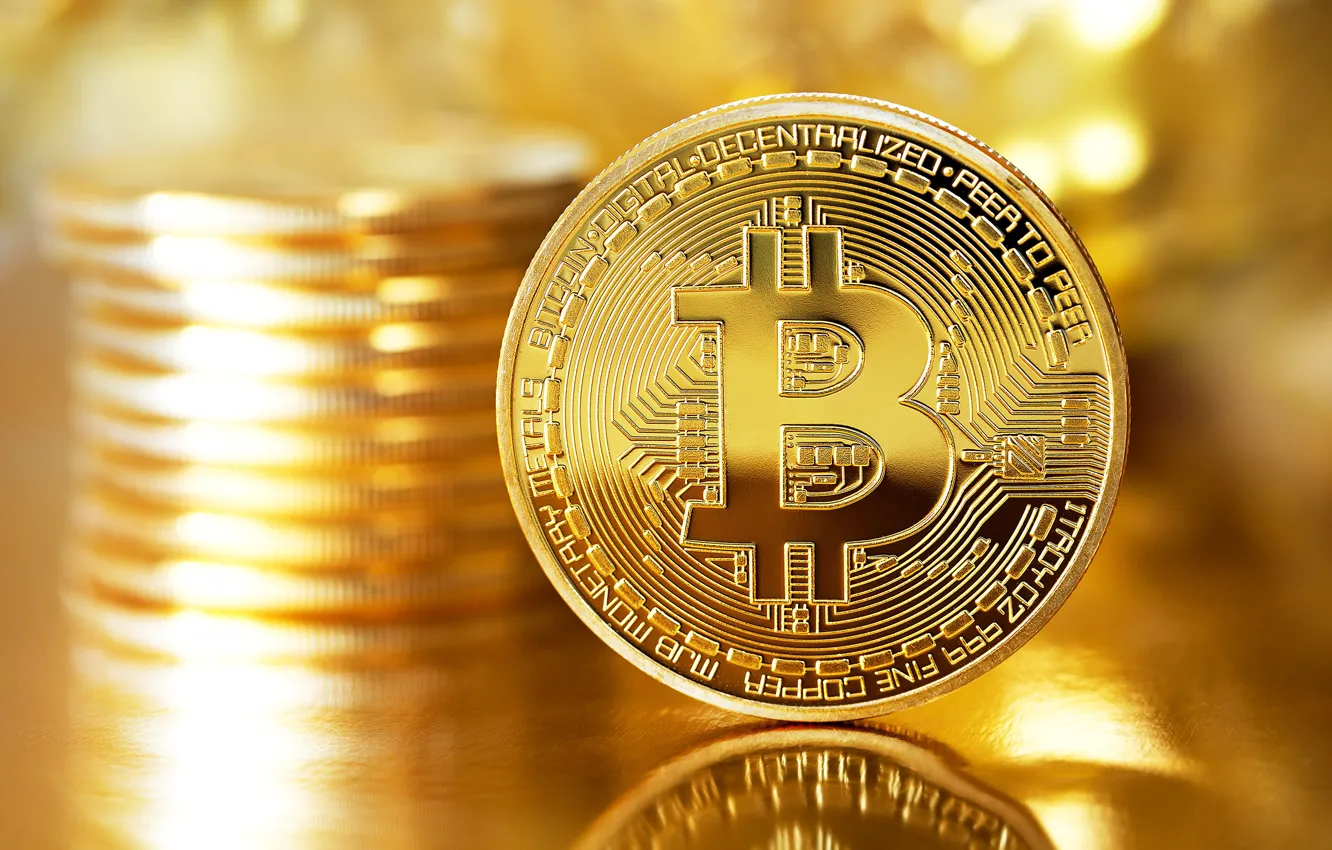 Фото обои размытие, logo, gold, монета, coin, bitcoin, биткоин, btc