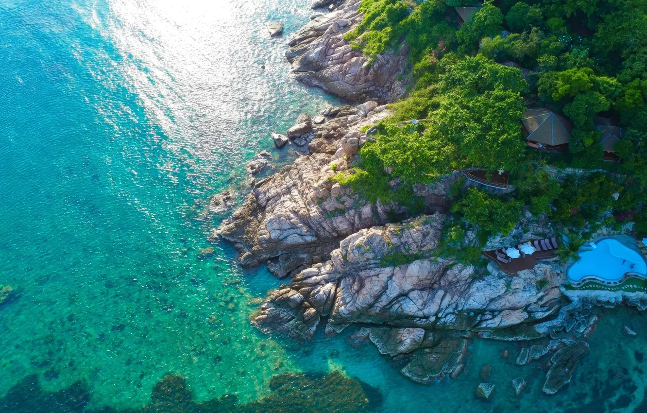 Фото обои green, pool, sea, coast, jungle, resort, cliffs, aerial view