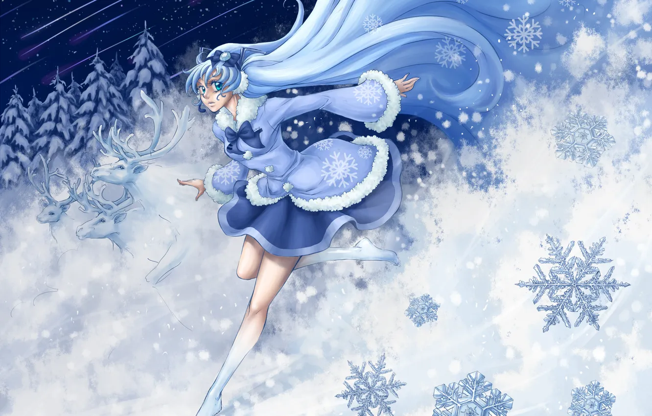 Фото обои зима, девушка, снег, снежинки, ночь, елки, арт, олени
