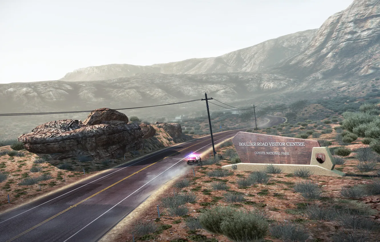 Фото обои дорога, машина, горы, полиция, Need For Speed: Hot Pursuit