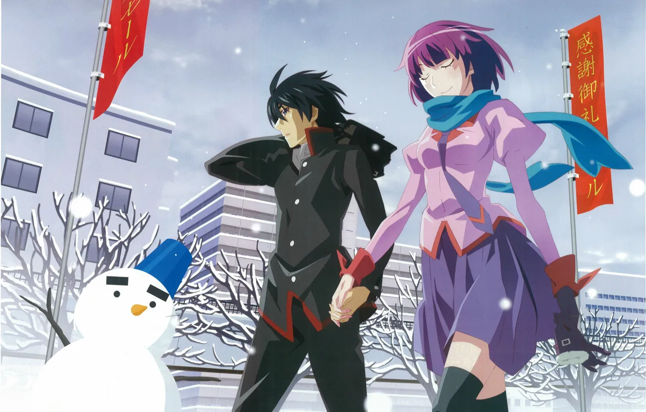Фото обои зима, снег, улица, снеговик, флаги, прогулка, свидание, школьники
