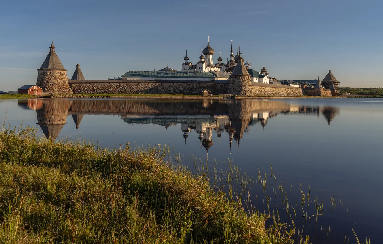Фото обои пейзаж, залив, монастырь, Соловки, Белое море, Соловецкий монастырь