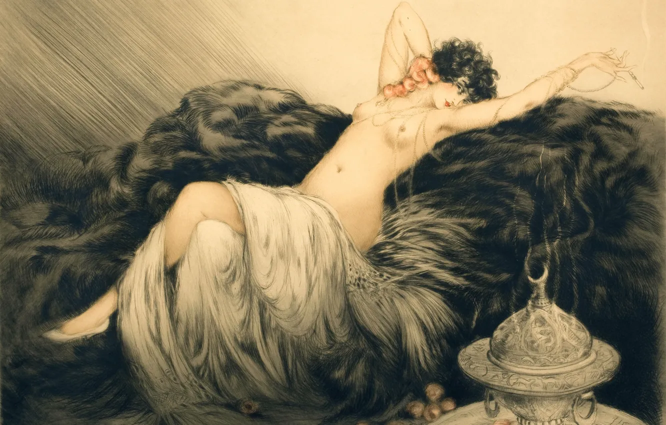 Фото обои грудь, женщина, плоды, мех, 1926, Курение, арт-деко, офорт и акватинта