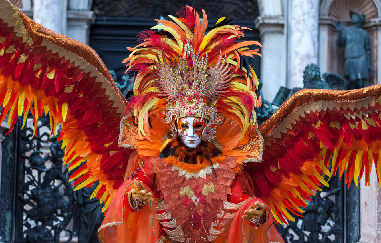 Фото обои красный, крылья, перья, маска, костюм, карнавал