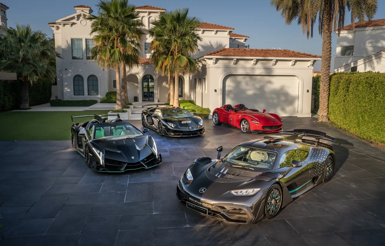 Фото обои Lamborghini, Ferrari, Mercedes, Lamborghini Veneno, Lamborghini Aventador SVJ, Mercedes-AMG ONE, Ferrari Monza SP2