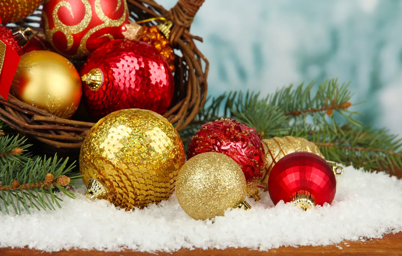 Фото обои снег, украшения, шары, Новый Год, Рождество, Christmas, balls, decoration