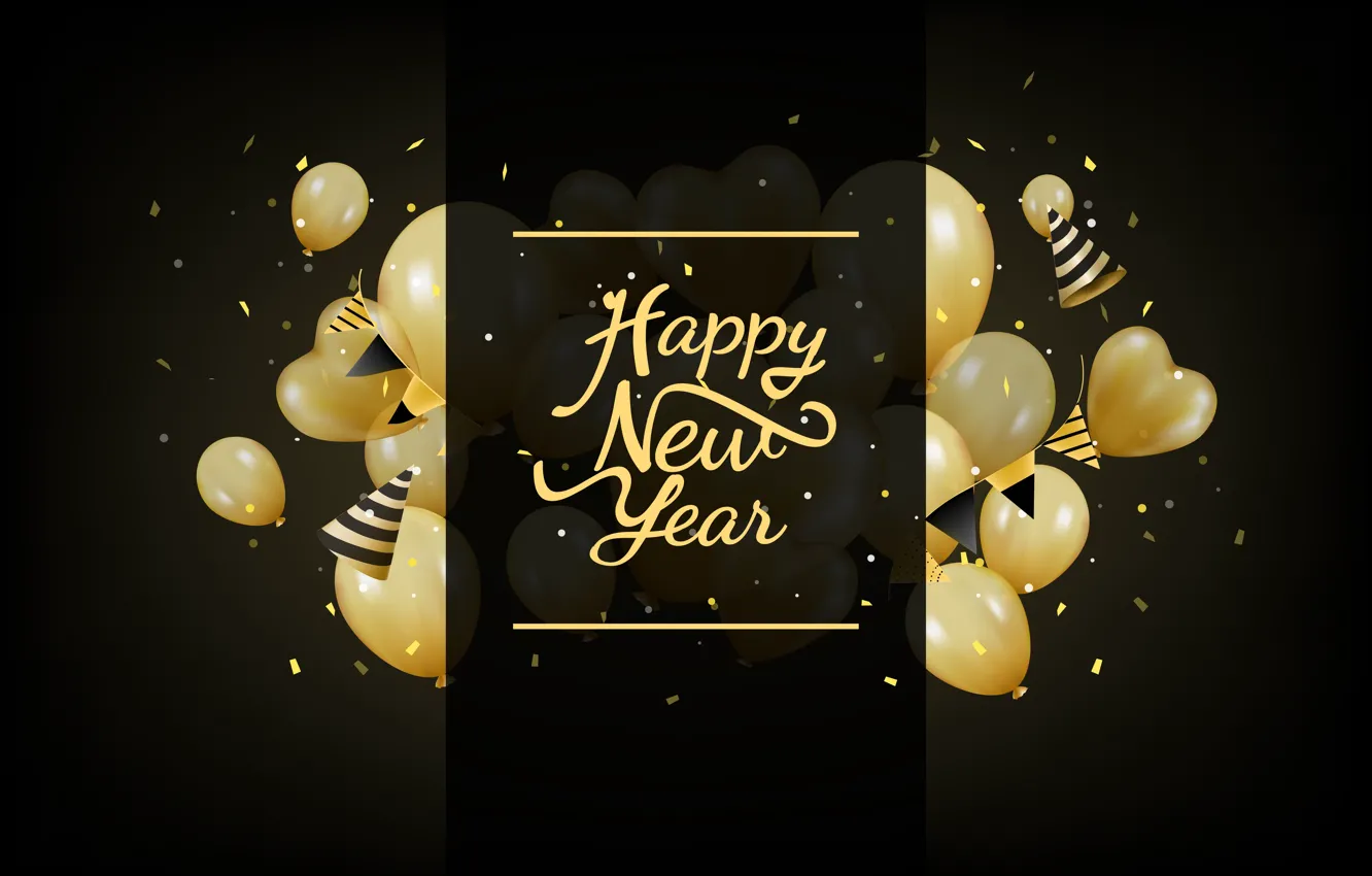 Фото обои фон, праздник, шары, черный, новый год, new year, decoration, Happy