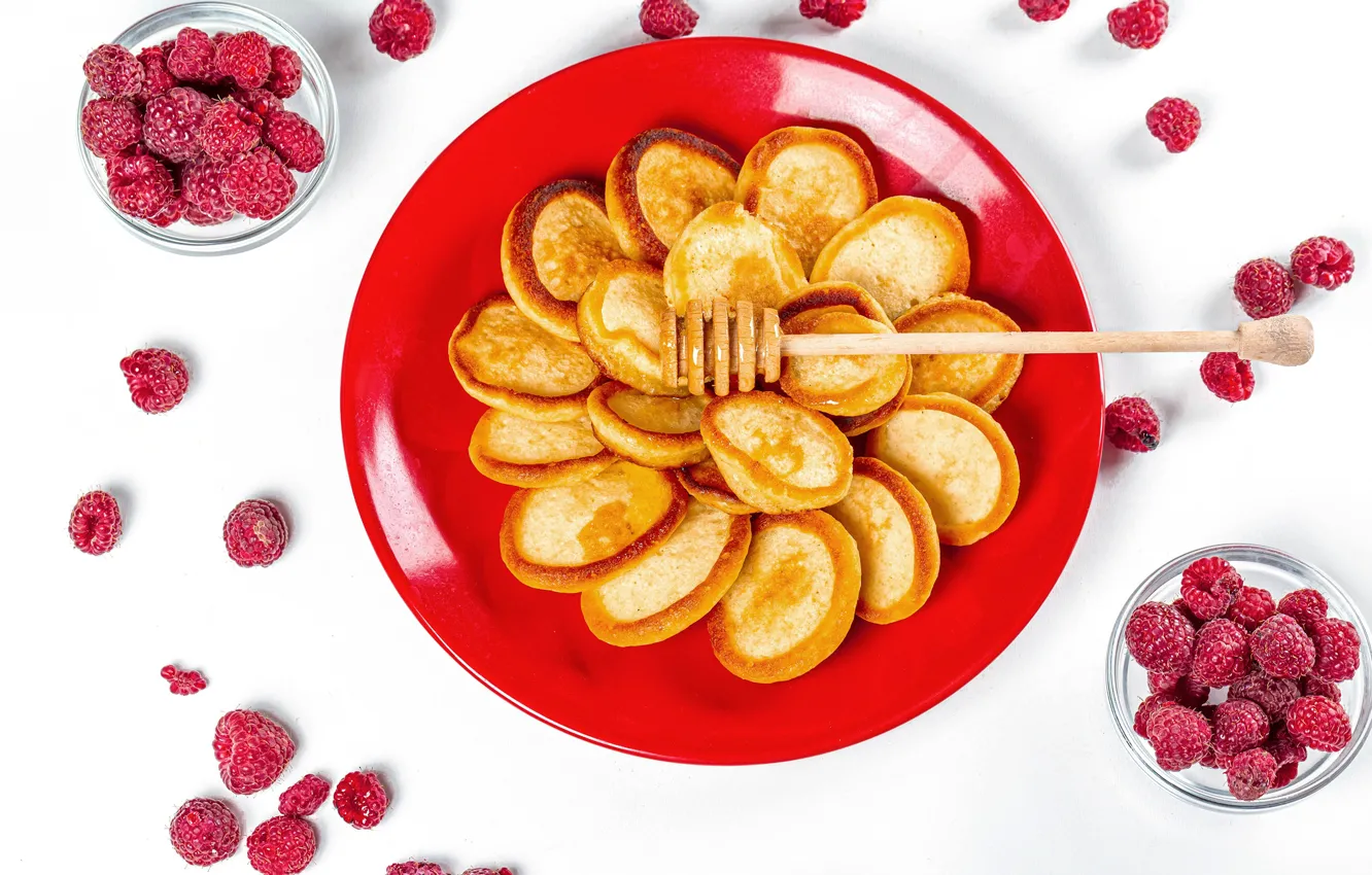 Фото обои ягоды, малина, мед, блины, оладьи, pancake