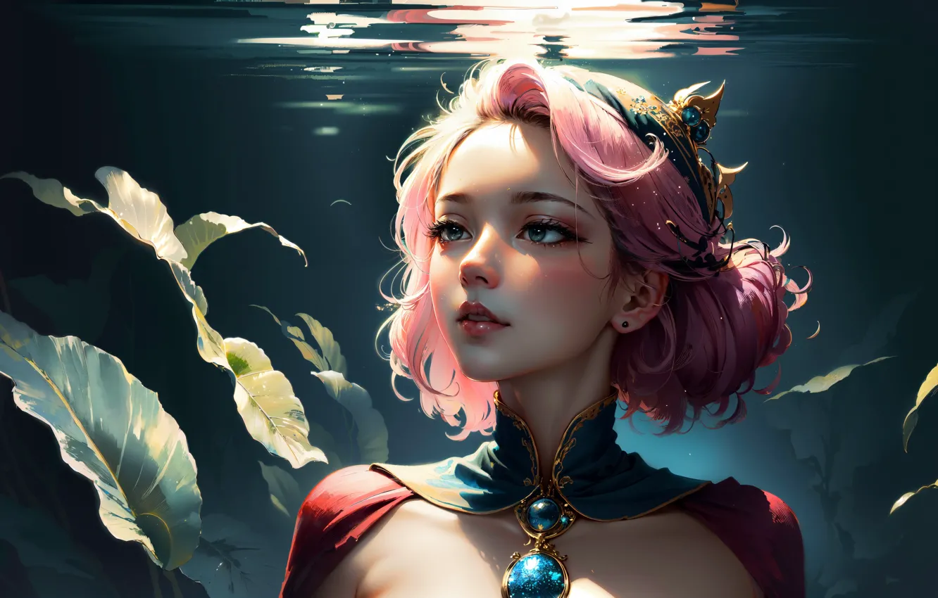 Фото обои pink hair, underwater, water, women, portrait, young women, AI Art