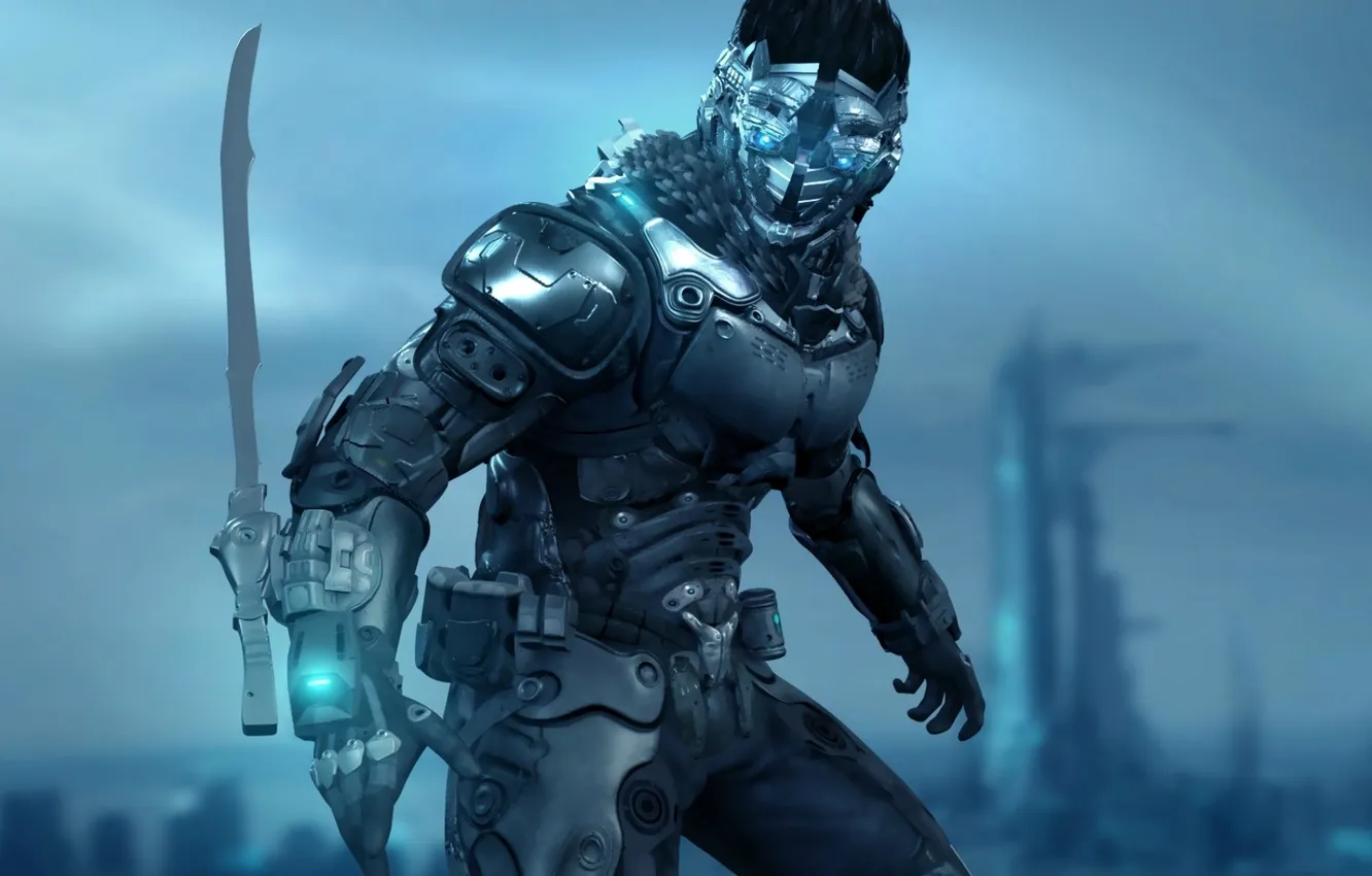 Фото обои sword, armor, cyberpunk, mask, warrior, futuristic