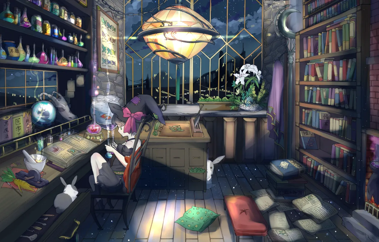 Фото обои аниме, кролик, библиотека, ведьма, алхимия