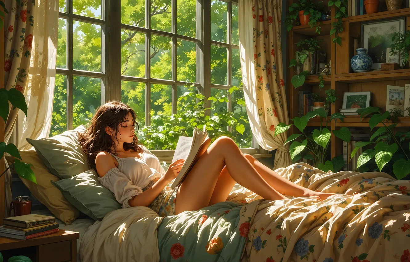 Фото обои Girl, legs, window, digital art, artwork, plants, reading, books