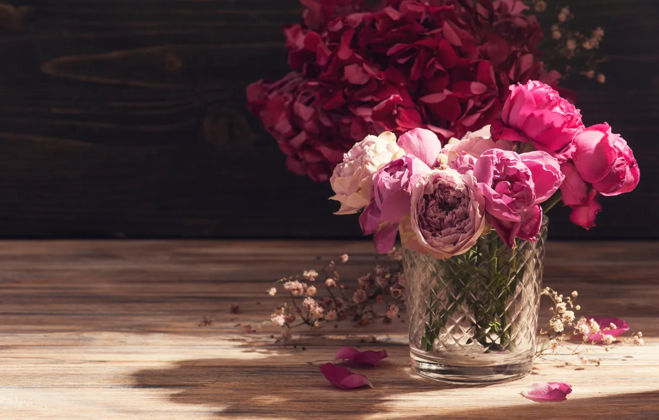 Фото обои цветы, розы, красные, ваза, гортензия, IRINA BORT