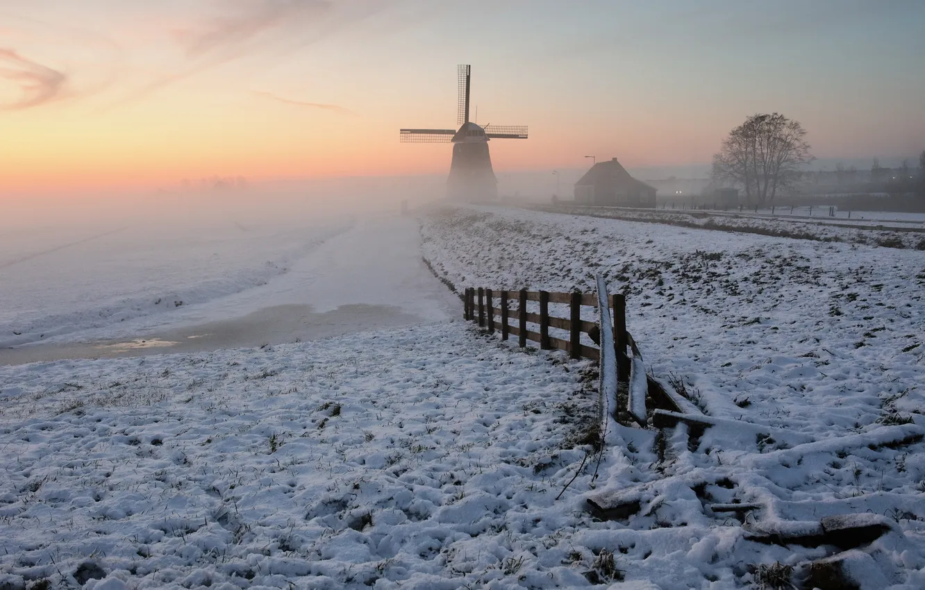Фото обои зима, поле, закат, мельница